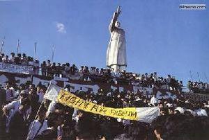  25 мая 1989 г. В г.Ченду провинции Сычуань под большим памятником Мао собрались люди, выражая поддержку пекинских студентов. На одном из плакатов написано «Борьба ради свободы». Фото с 64memo.com