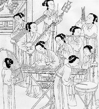 Древна китайска гравюра на придворни дами, изпълняващи музика.