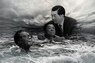 Фракцията на Джянг Земин губи в борбата с фракцията на Ху Джинтао. От ляво на дясно: Джянг Земин, Бо Шилай, Ху Джинтао. 