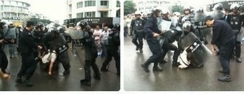 Протестиращите се сблъскват с полиция в Шифанг (Shifang) Сити, провинция Сичуан (Sichuan).