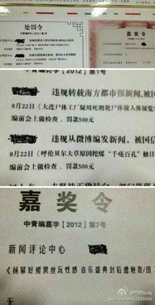 Информация за наградите и наказанията е поставена на стената до входа на вестник China Youth Daily. Отделът, отговорен за пропагандата, дава много ясно послание за какво трябва да се пише и за какво не.
