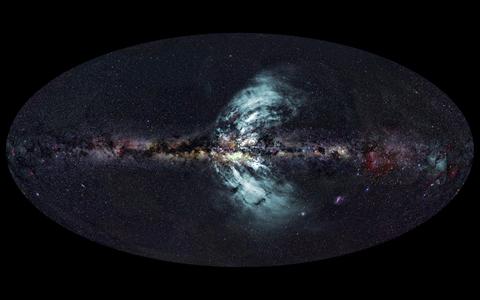 Новооткритите изходящи потоци от частици (в бледо синьо) от Галактическия център.