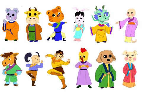 12-те знака от Китайския зодиак: плъх, вол, тигър, заек, дракон, змия, кон, овца, маймуна, петел, куче, прасе.