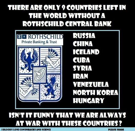 Само 9 страни в света били останали без Ротшилдска централна банка: Русия, Китай, Исландия, Куба, Сирия, Иран, Венецуела, Северна Корея и Унгария!?