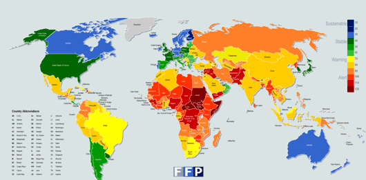 Картата на държавите в света според Fragile Index