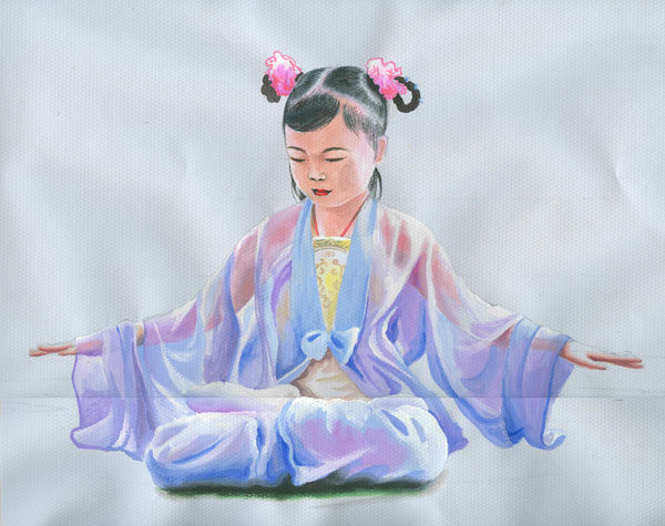 "Медитиращо момиче" практикуващо петото упражнение на Фалун Дафа