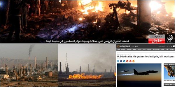 Неизвестни бомбардировачи изпепелили щаба на "Ислямска държава" в Рака (горе), а известните - инфраструктурата